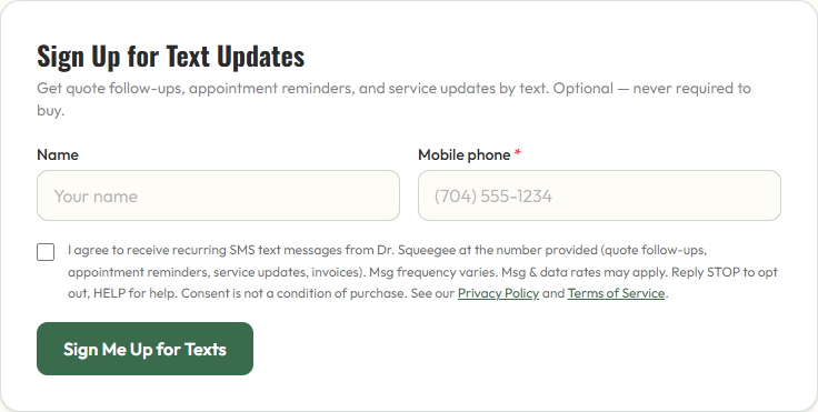 Dr. Squeegee quote form contact step showing the optional, unchecked SMS consent checkbox and its full consent language